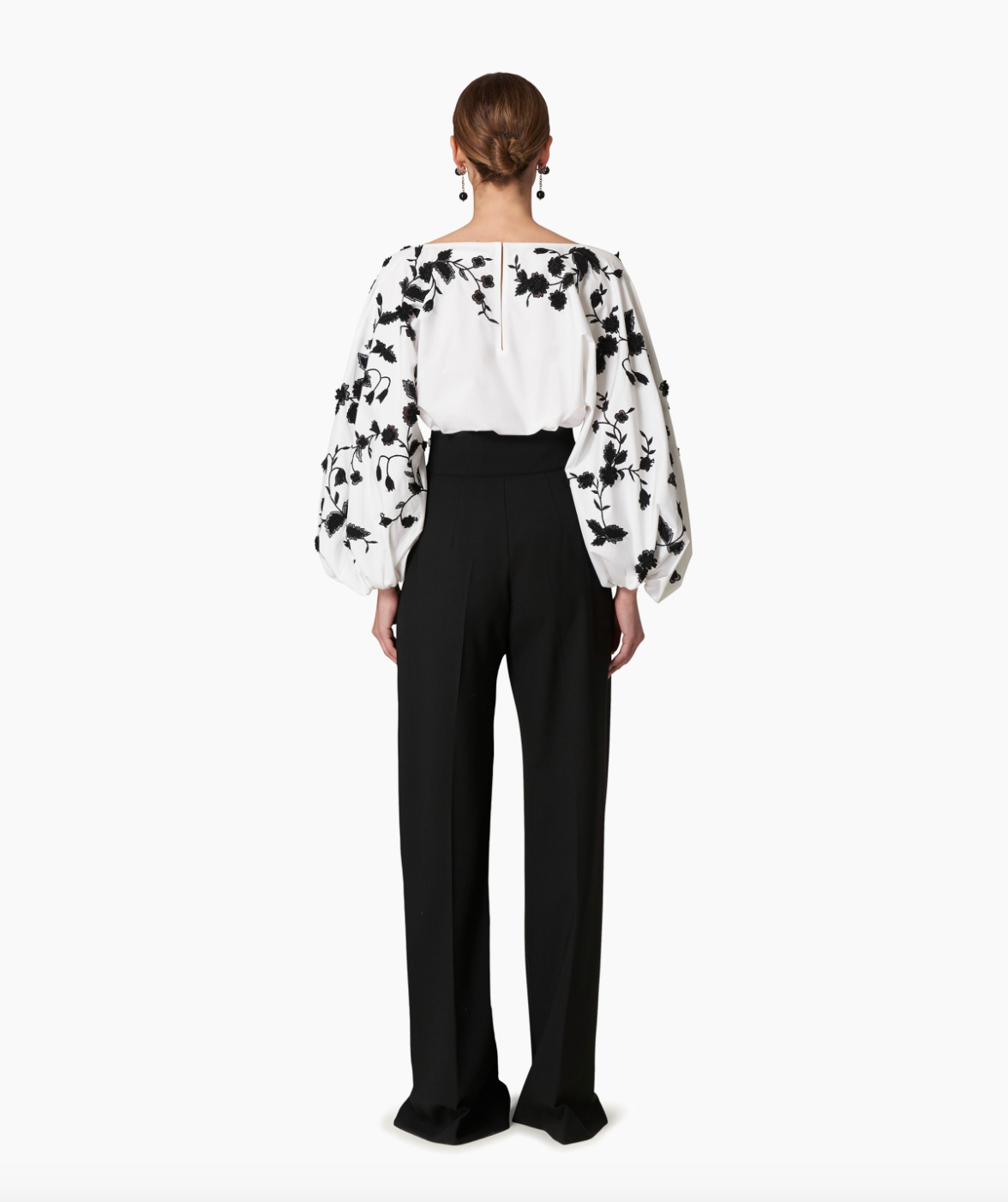 Embroidered Puff Sleeve Blouse - White/Black