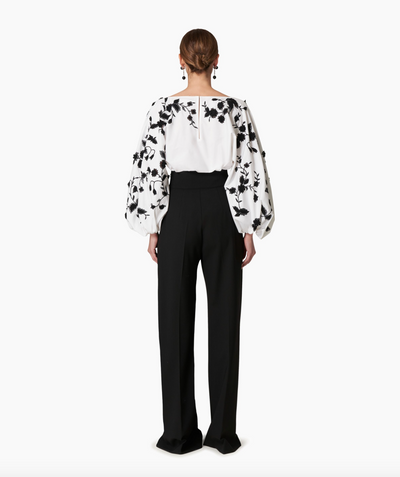 Embroidered Puff Sleeve Blouse - White/Black