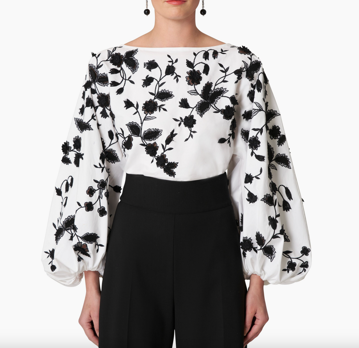 Embroidered Puff Sleeve Blouse - White/Black