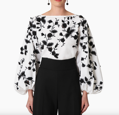 Embroidered Puff Sleeve Blouse - White/Black
