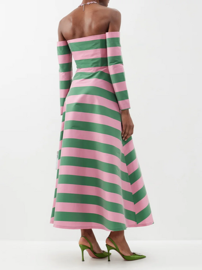 Edie Off-the-Shoulder Striped Taffeta Dress - Pink/Green