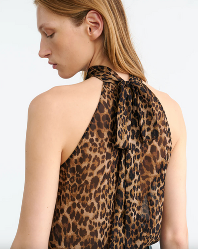ALLA SILK HALTERNECK TOP - Vintage Leopard Print