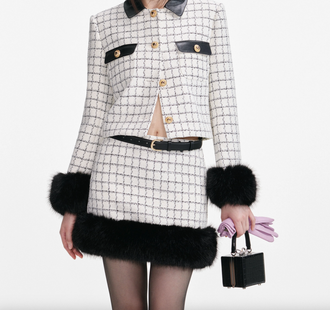 Check Boucle Fur Cuff Jacket - Cream