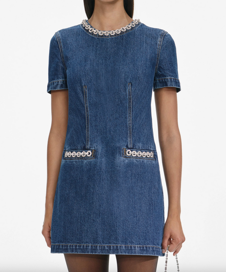 Denim Crystal Trim Mini Dress