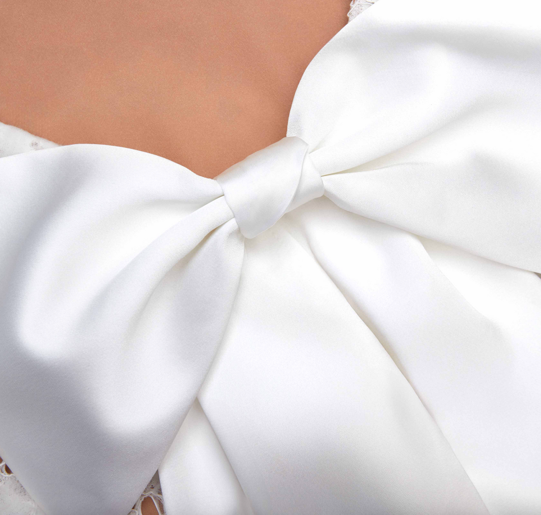 Lace Satin Bow Mini Dress - White