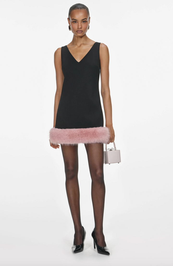 Crepe Fur Hem Mini Dress - Black
