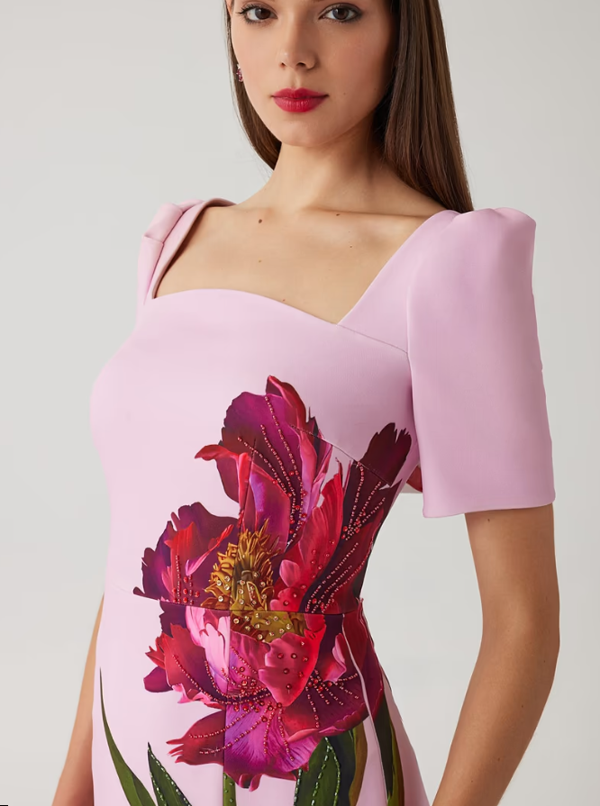Crepe Flower Print Short Sleeve Column Gown - Pink Multi