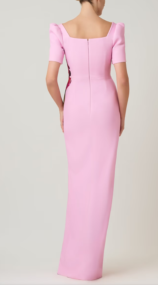 Crepe Flower Print Short Sleeve Column Gown - Pink Multi