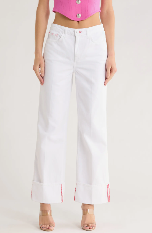 Miley High Waist Cuffed Wide Leg Jeans - White
