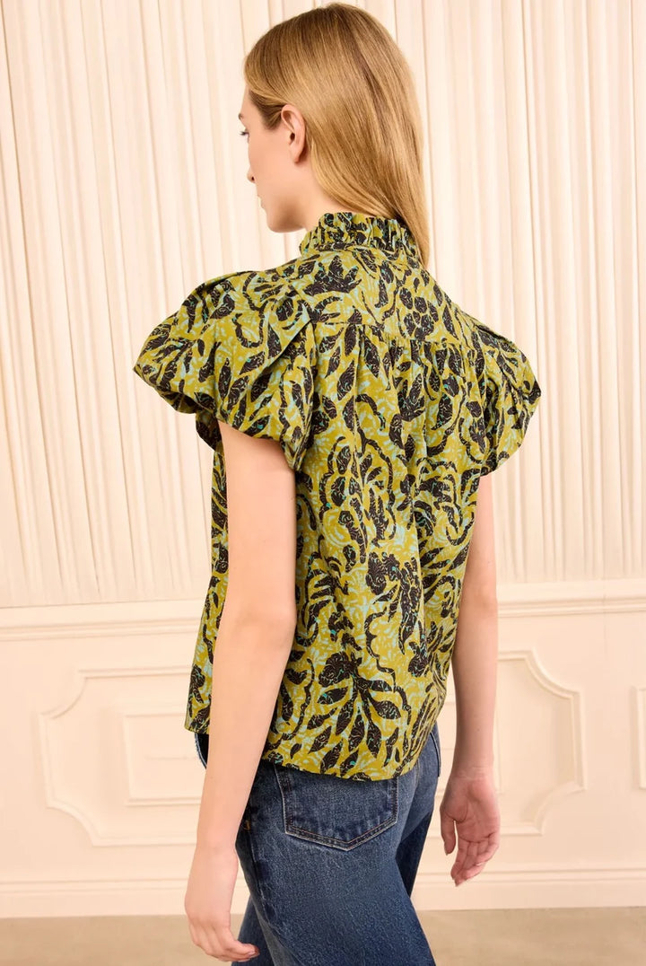 Estela Short Sleeve Cotton Top - Green Multi