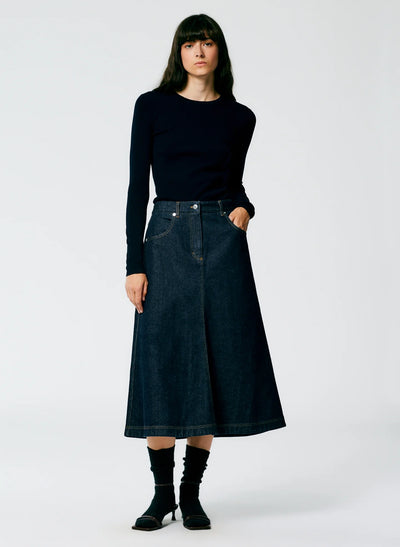 Indigo Denim Midi A-Line Skirt - Dark Denim