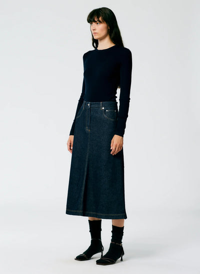 Indigo Denim Midi A-Line Skirt - Dark Denim