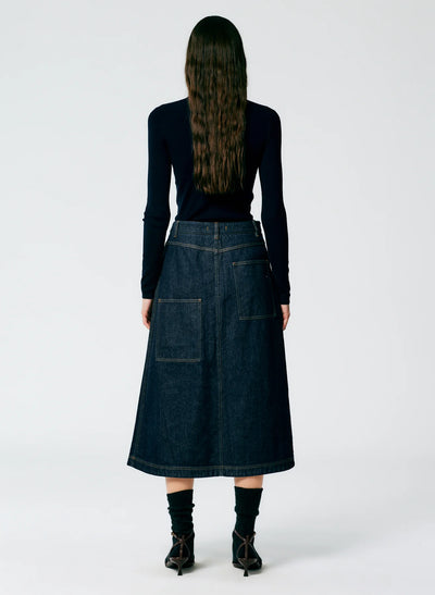 Indigo Denim Midi A-Line Skirt - Dark Denim