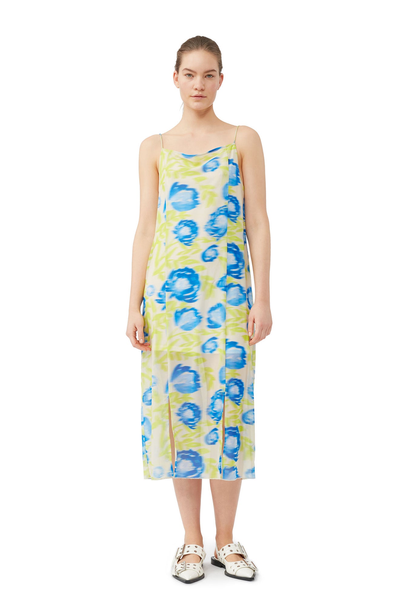 Printed Mesh Slip Dress - Strong Blue