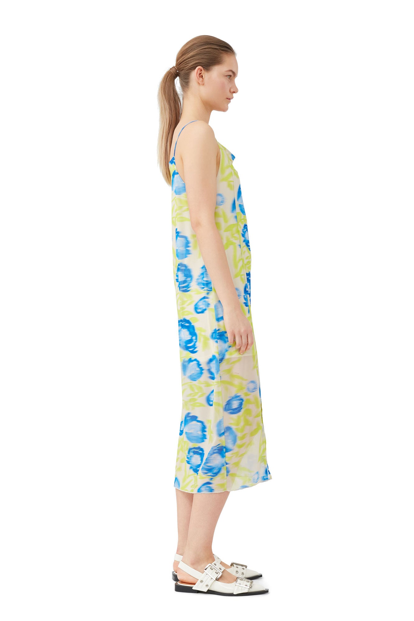 Printed Mesh Slip Dress - Strong Blue