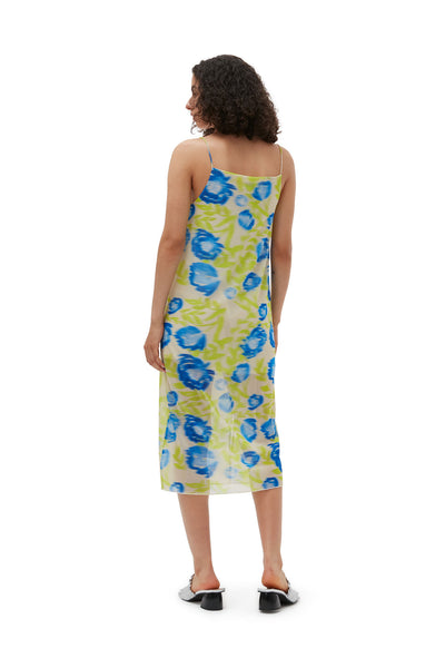 Printed Mesh Slip Dress - Strong Blue