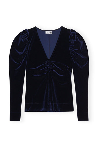 Velvet Jersey V-Neck Blouse - Blue