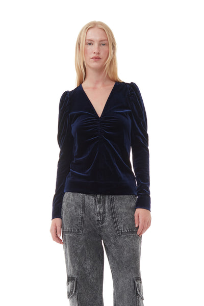 Velvet Jersey V-Neck Blouse - Blue