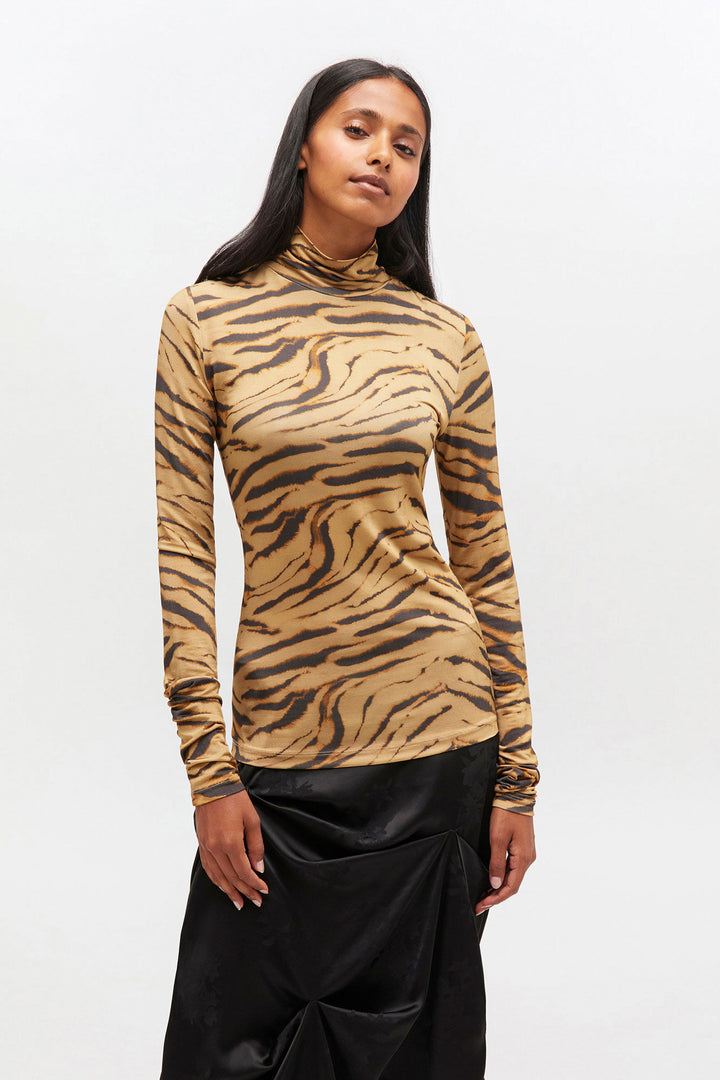 Zebra Print Jersey Turtleneck - Khaki