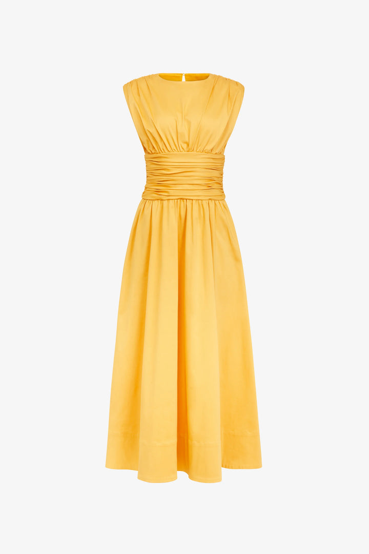 EVANGELINE STRONG SHOULDER RUCHED MIDI DRESS - Yellow Multi