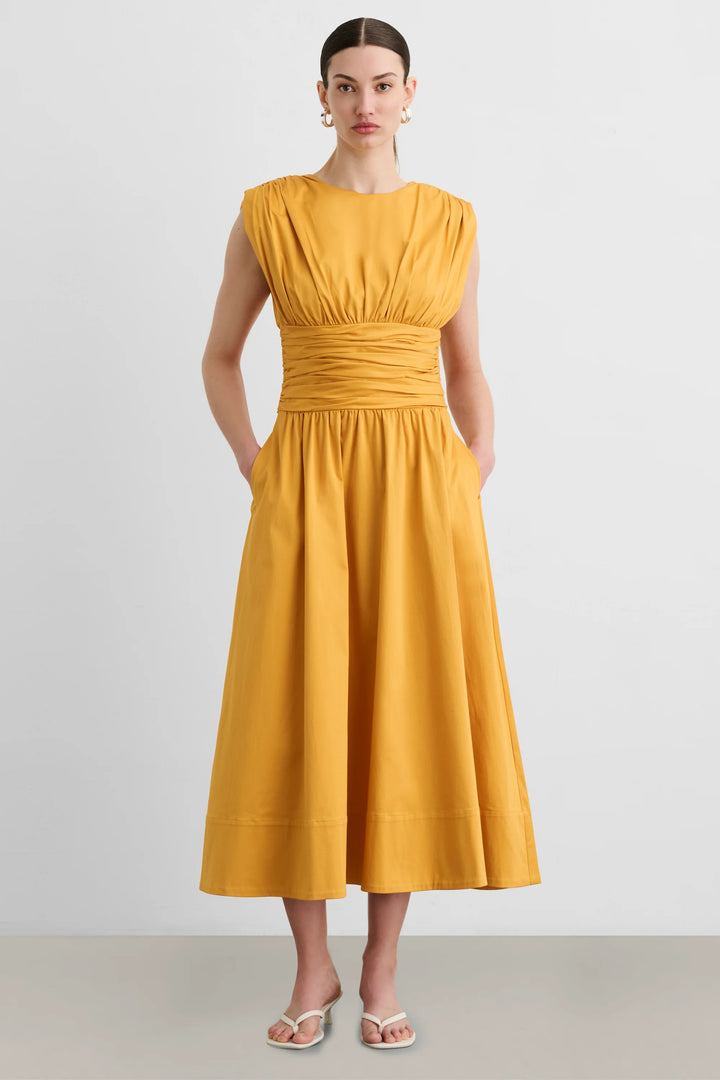EVANGELINE STRONG SHOULDER RUCHED MIDI DRESS - Yellow Multi