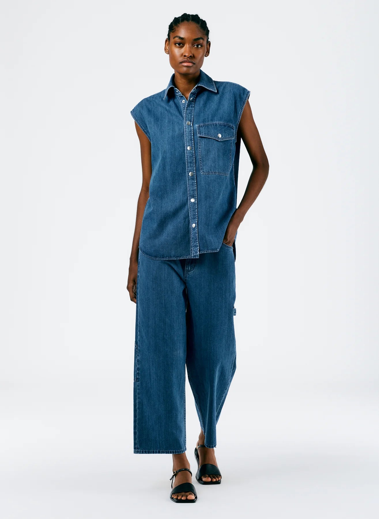 Stone Washed Denim Sleeveless Easy Shirt - Medium Stone Wash