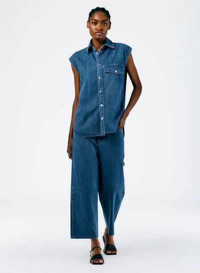 Stone Washed Denim Sleeveless Easy Shirt - Medium Stone Wash