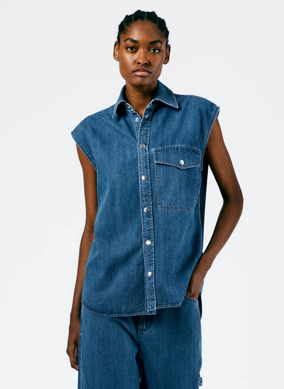 Stone Washed Denim Sleeveless Easy Shirt - Medium Stone Wash