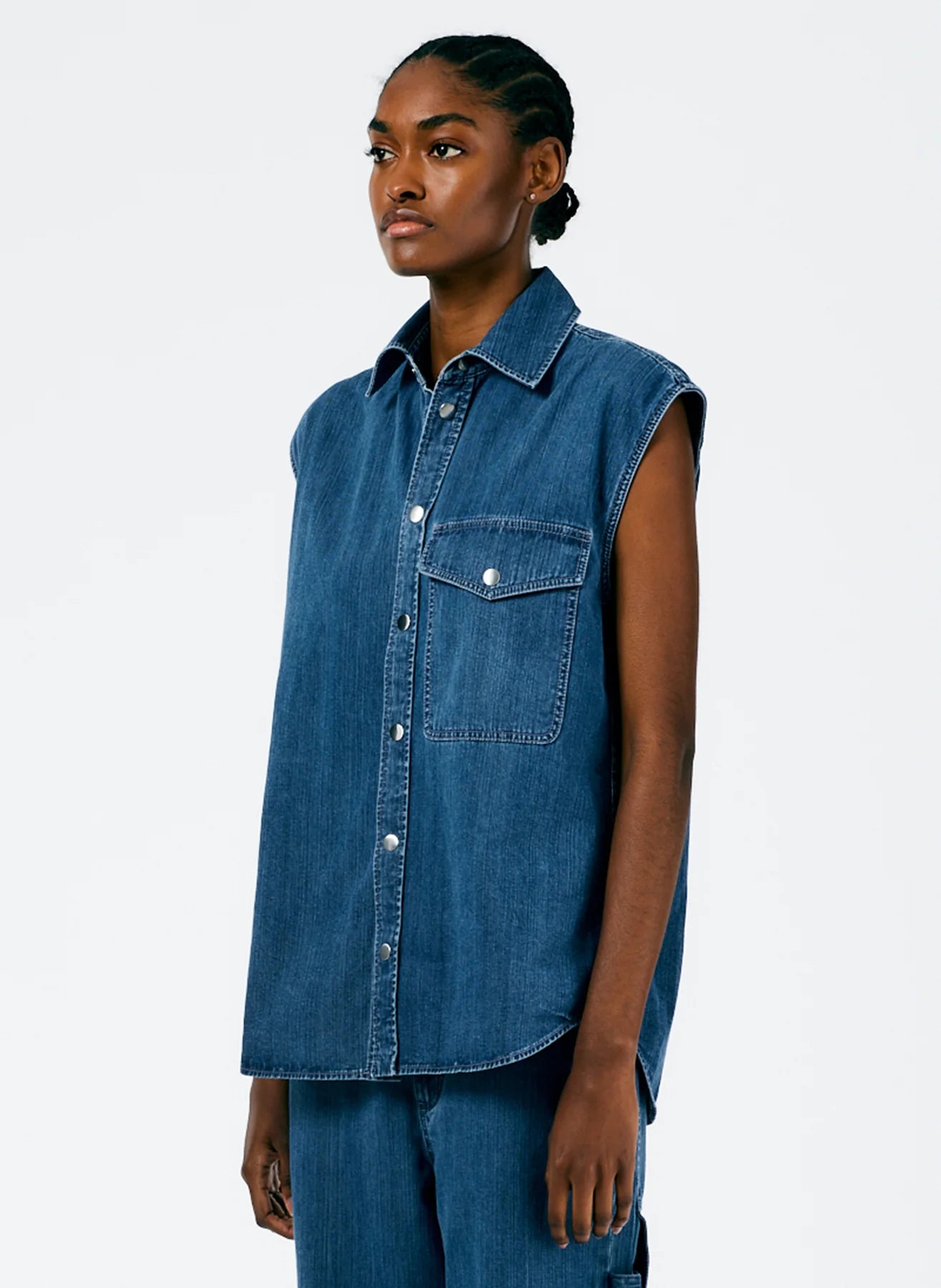 Stone Washed Denim Sleeveless Easy Shirt - Medium Stone Wash