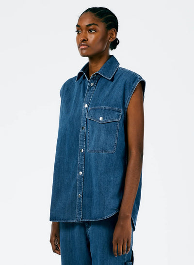Stone Washed Denim Sleeveless Easy Shirt - Medium Stone Wash