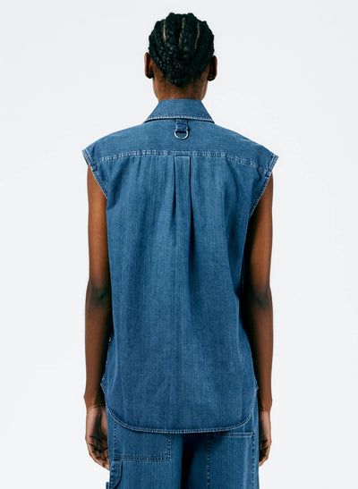 Stone Washed Denim Sleeveless Easy Shirt - Medium Stone Wash