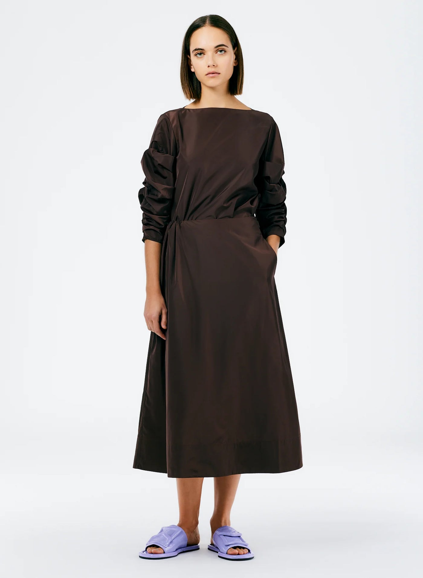Italian Sporty Nylon Side Shirred Circle Skirt - Dark Brown