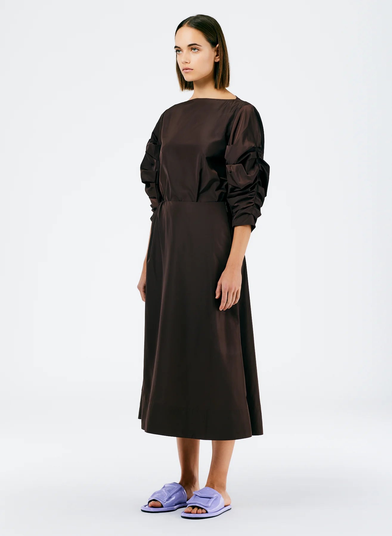Italian Sporty Nylon Side Shirred Circle Skirt - Dark Brown
