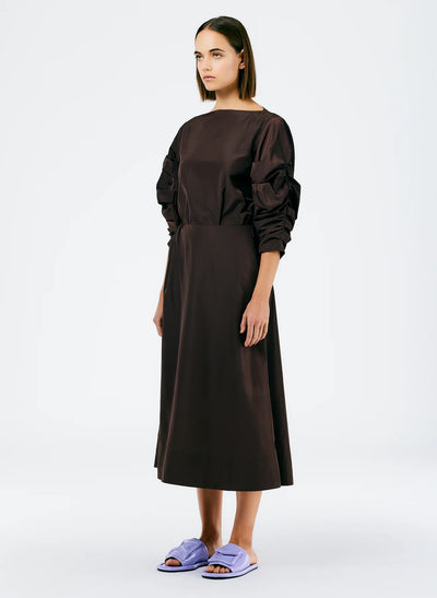 Italian Sporty Nylon Side Shirred Circle Skirt - Dark Brown