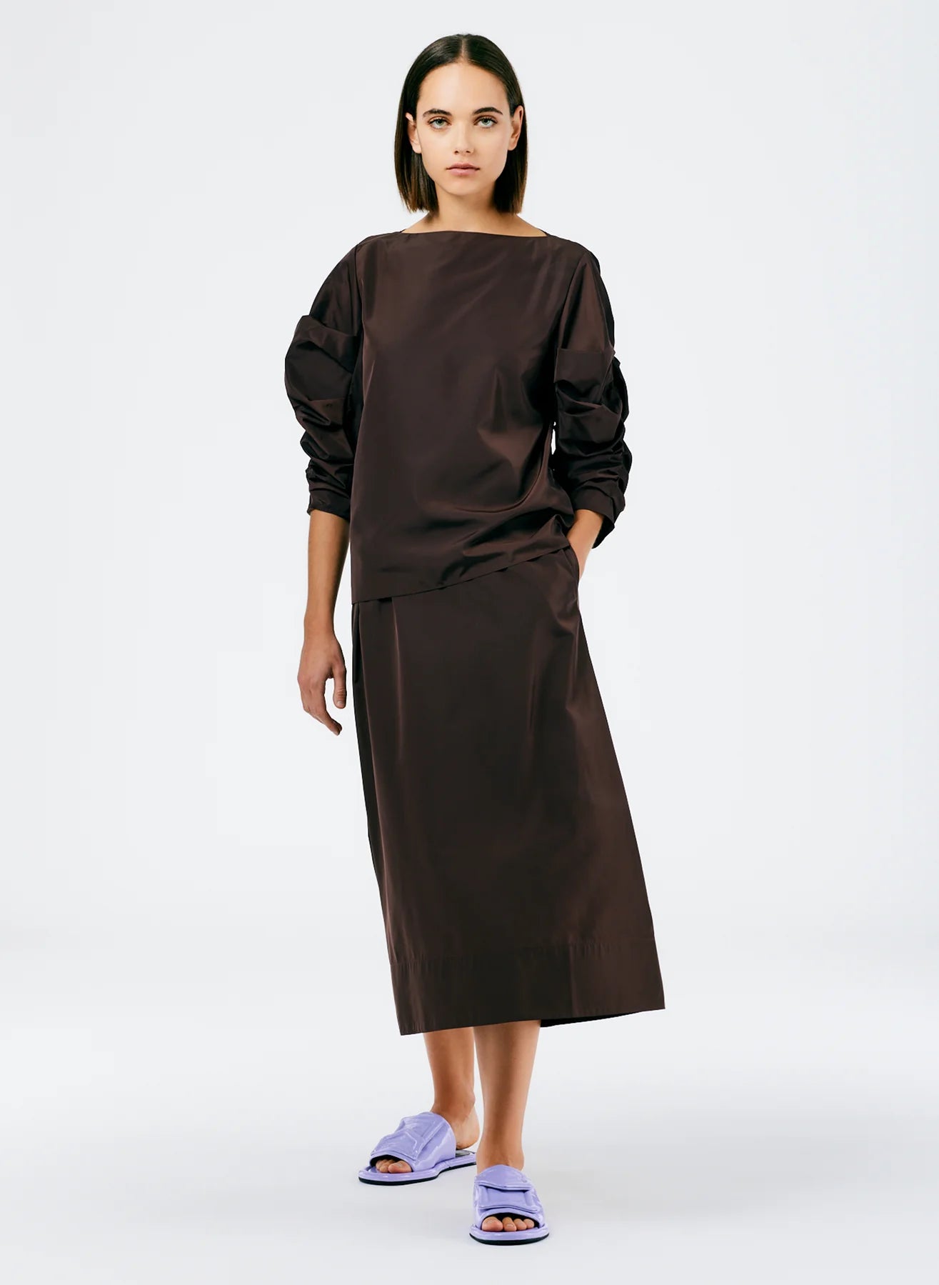 Italian Sporty Nylon Shirred Sleeve Top - Dark Brown
