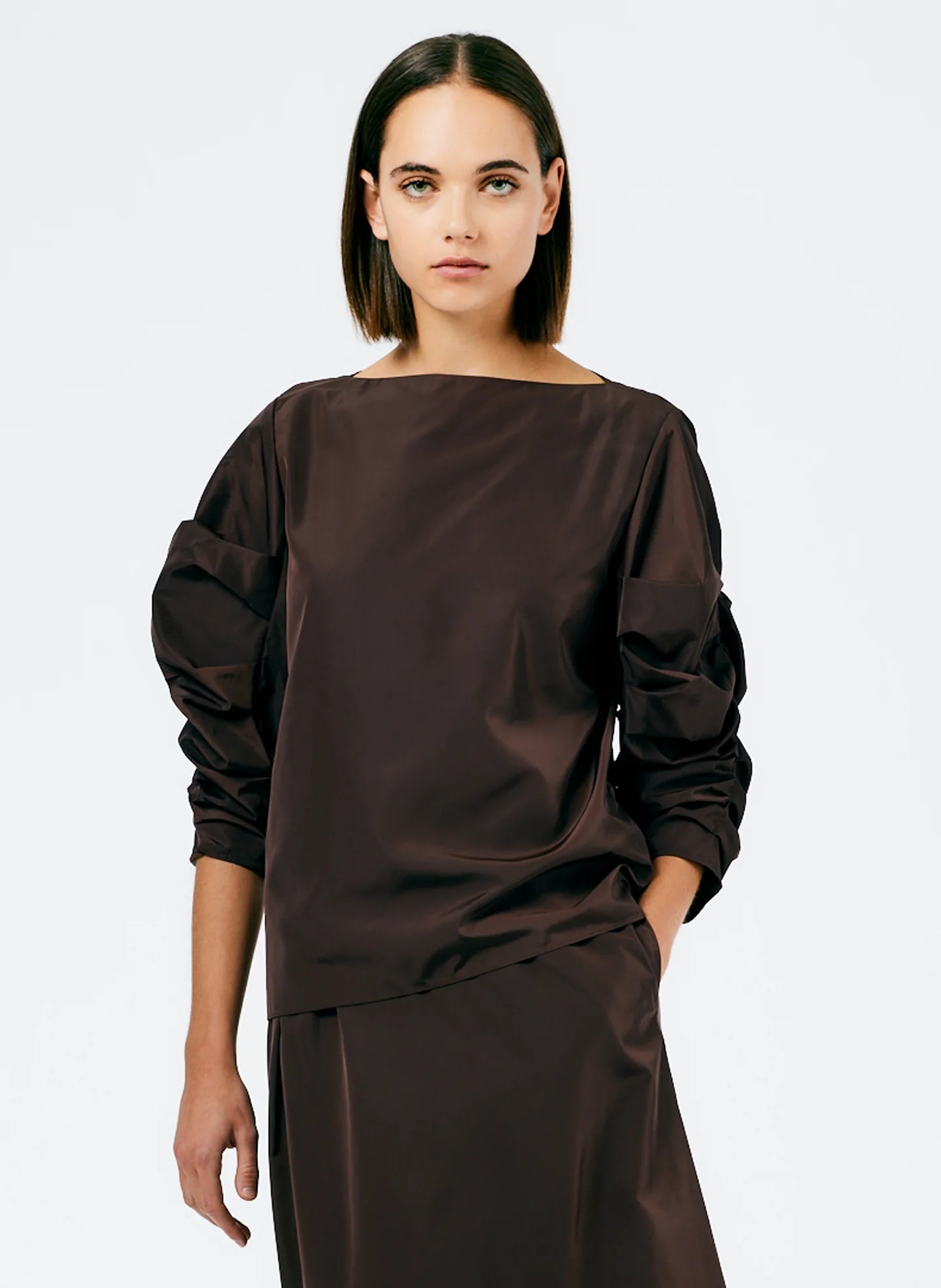 Italian Sporty Nylon Shirred Sleeve Top - Dark Brown