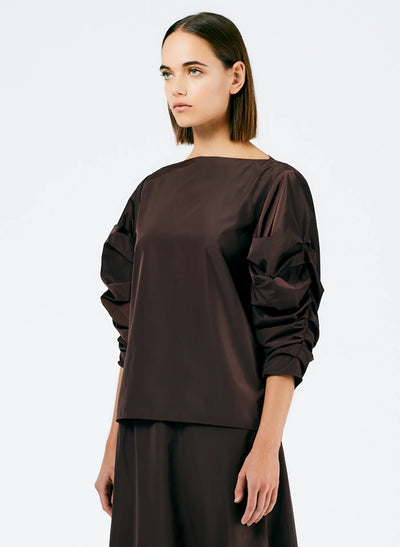 Italian Sporty Nylon Shirred Sleeve Top - Dark Brown