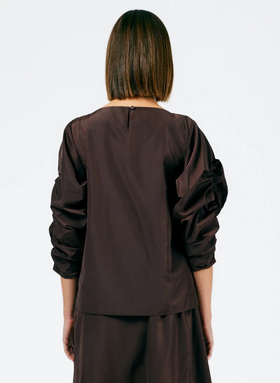 Italian Sporty Nylon Shirred Sleeve Top - Dark Brown
