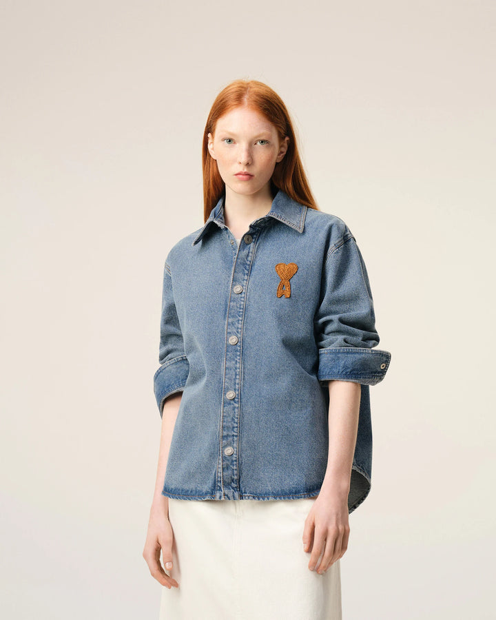 Overshirt with Knitted AMI logo - Medium Blue