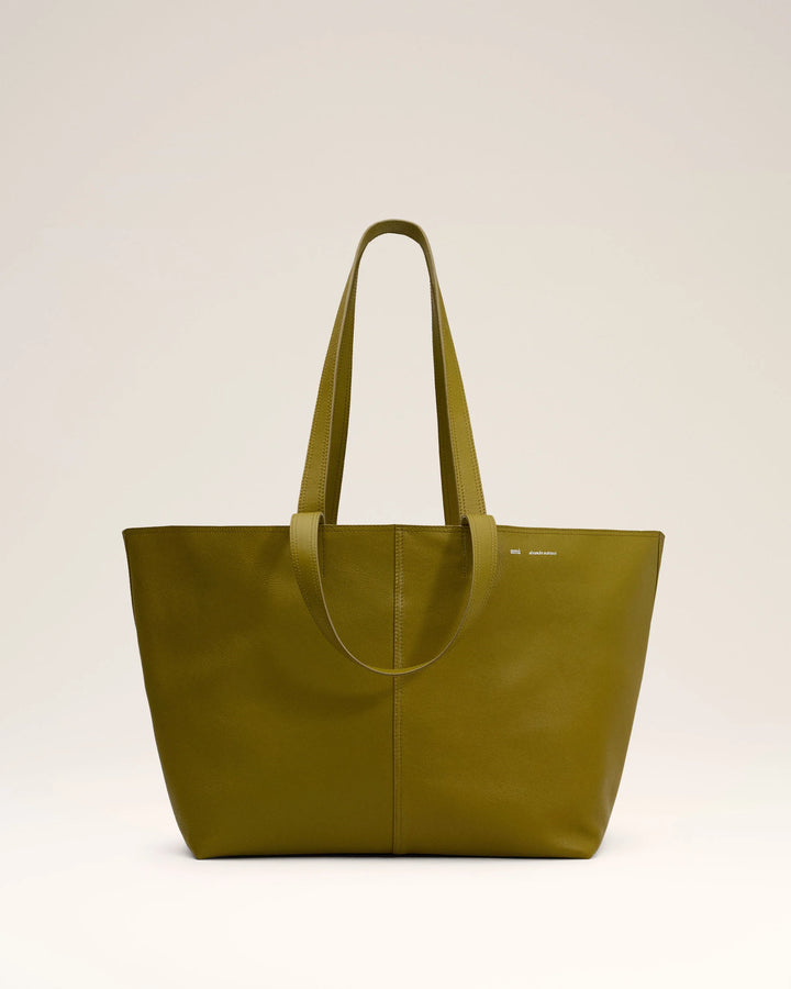 Khaki Leather Midi Tote Bag - Lichen