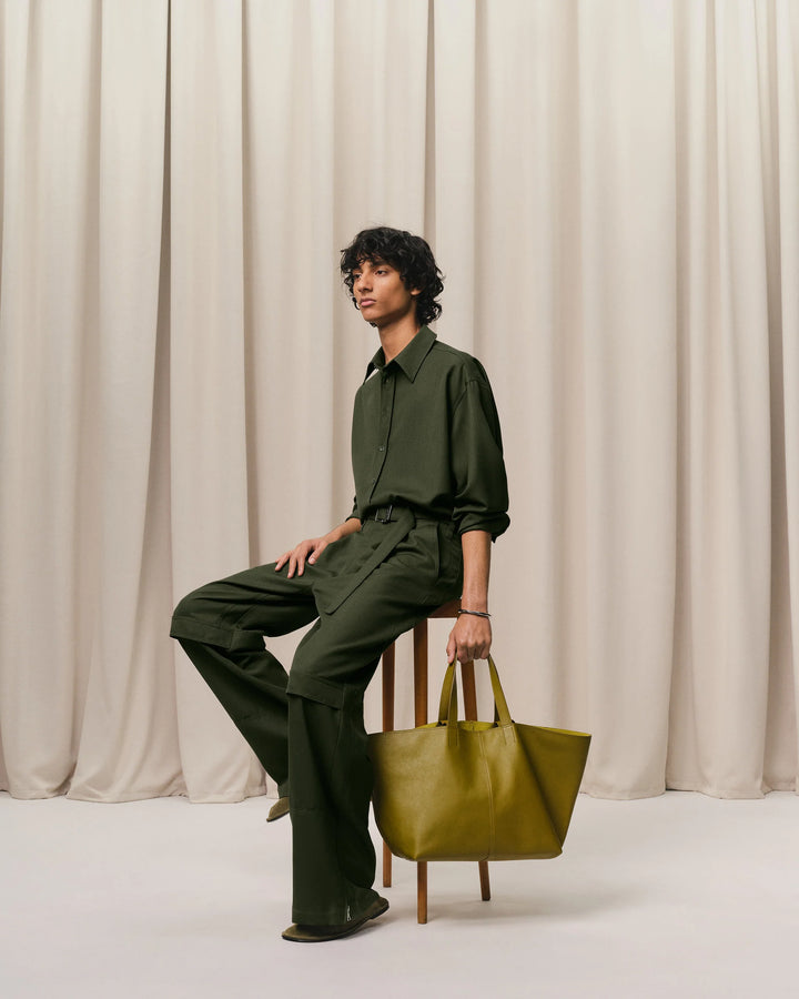 Khaki Leather Midi Tote Bag - Lichen