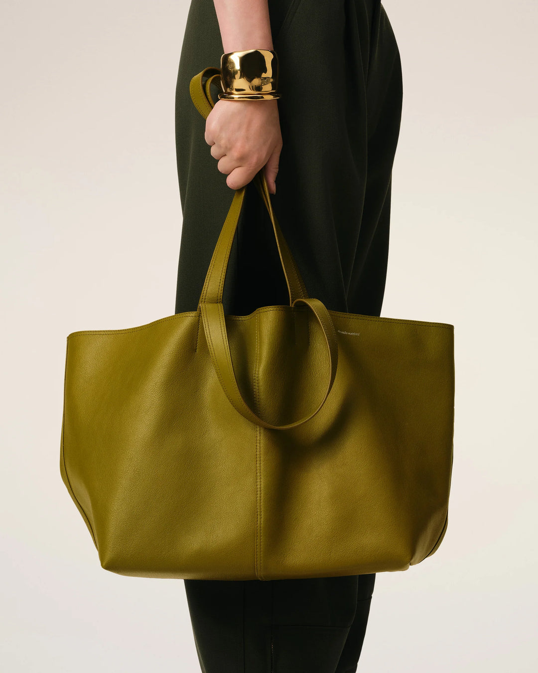 Khaki Leather Midi Tote Bag - Lichen