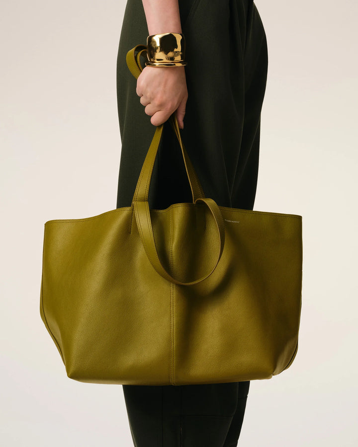 Khaki Leather Midi Tote Bag - Lichen