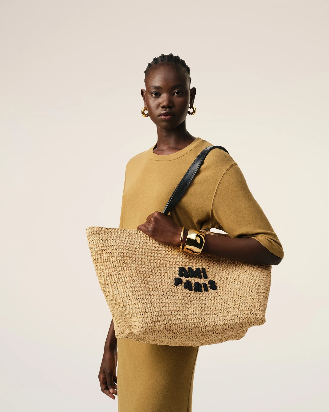 Beige Leather Rafia Ami Paris Tote Bag - Natural