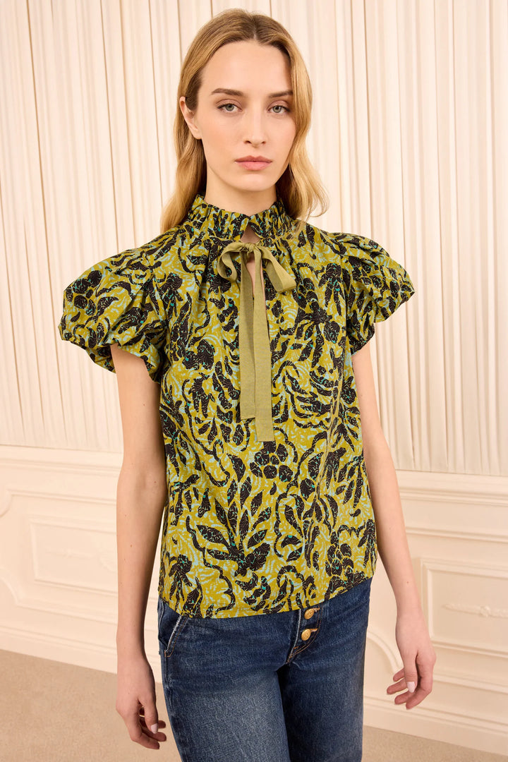 Estela Short Sleeve Cotton Top - Green Multi