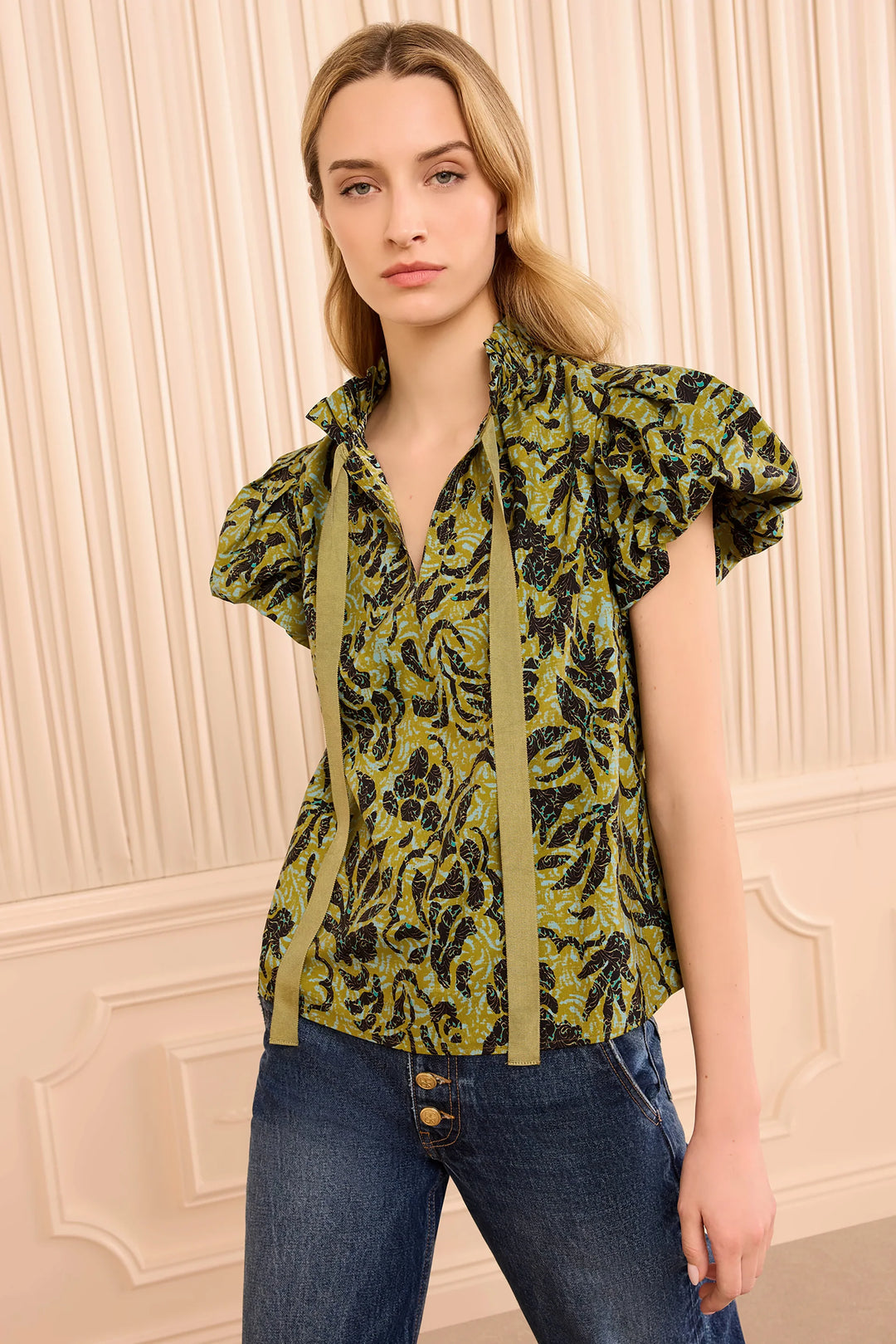 Estela Short Sleeve Cotton Top - Green Multi