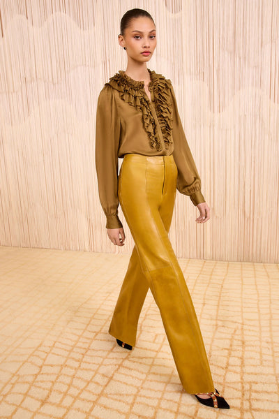 Rouen Silk Ruffle Front Long Sleeve Blouse - Willow