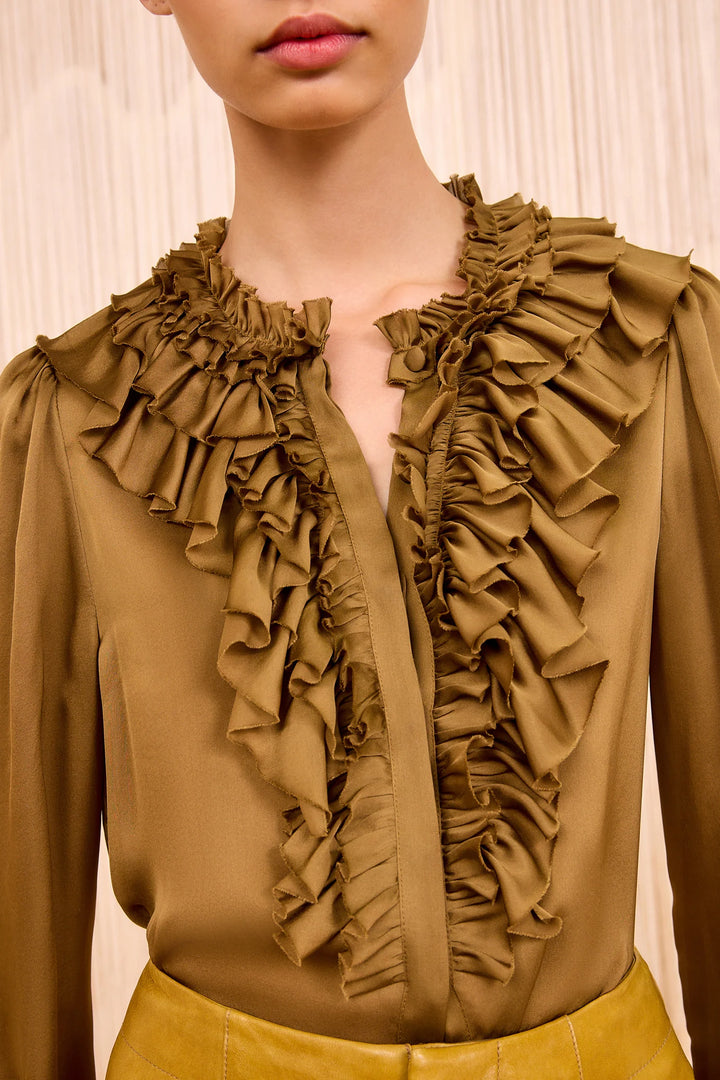 Rouen Silk Ruffle Front Long Sleeve Blouse - Willow