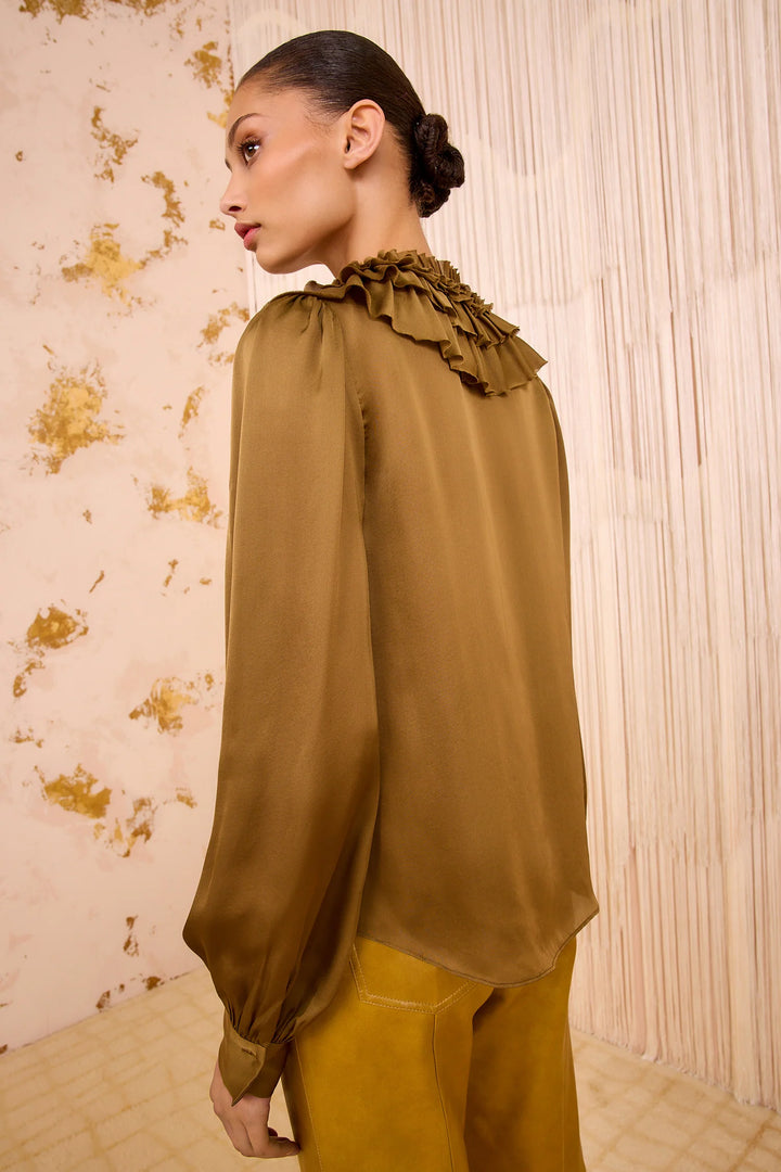 Rouen Silk Ruffle Front Long Sleeve Blouse - Willow