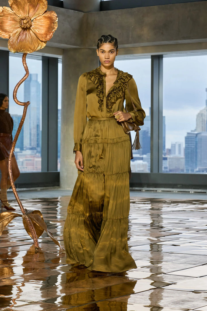 Rouen Silk Ruffle Front Long Sleeve Blouse - Willow